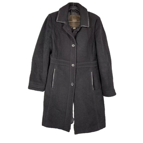 Coach Pea Coat womens Small button‎ pockets Mohair Wool Blend Leather Trim black - Picture 1 of 7